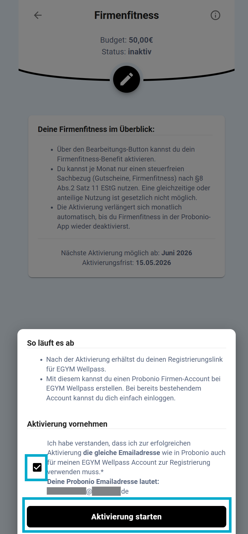 Screenshot Aktivierung starten