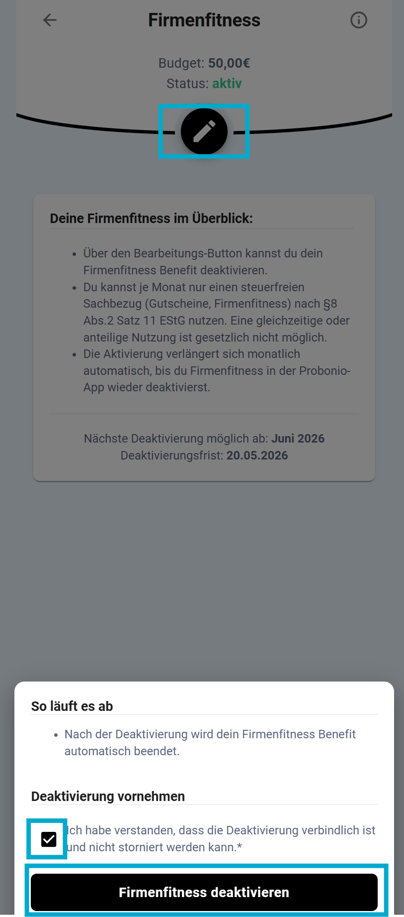 Screenshot Firmenfitness deaktivieren