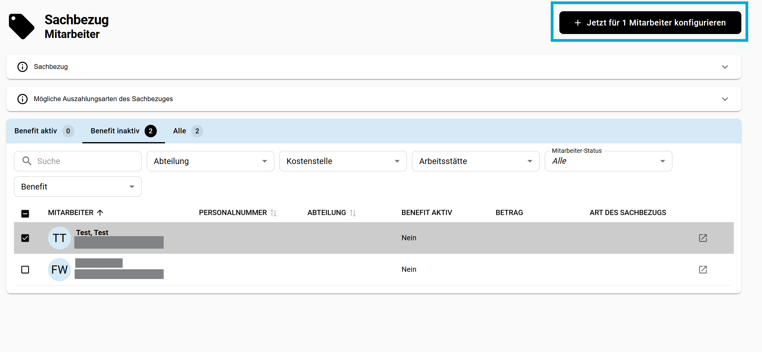 Screenshot Benefit konfigureieren