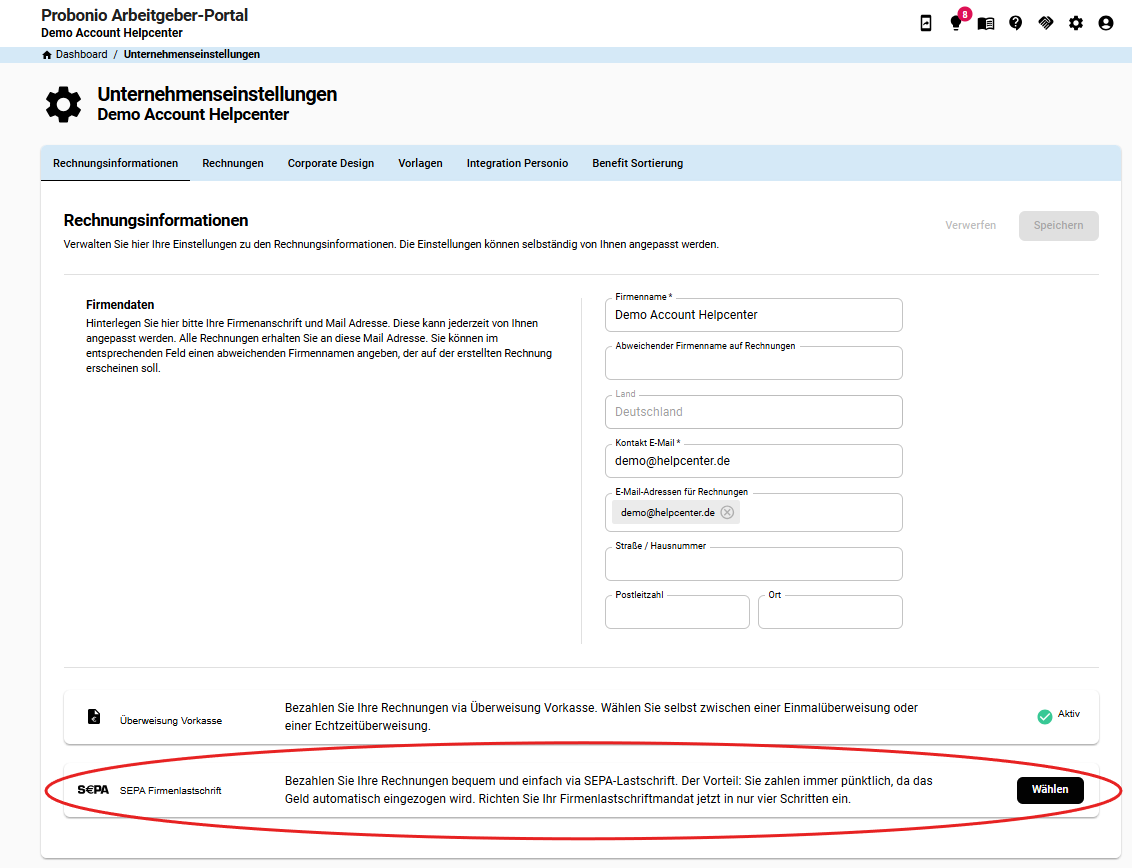 Screenshot Rechnungsinformationen