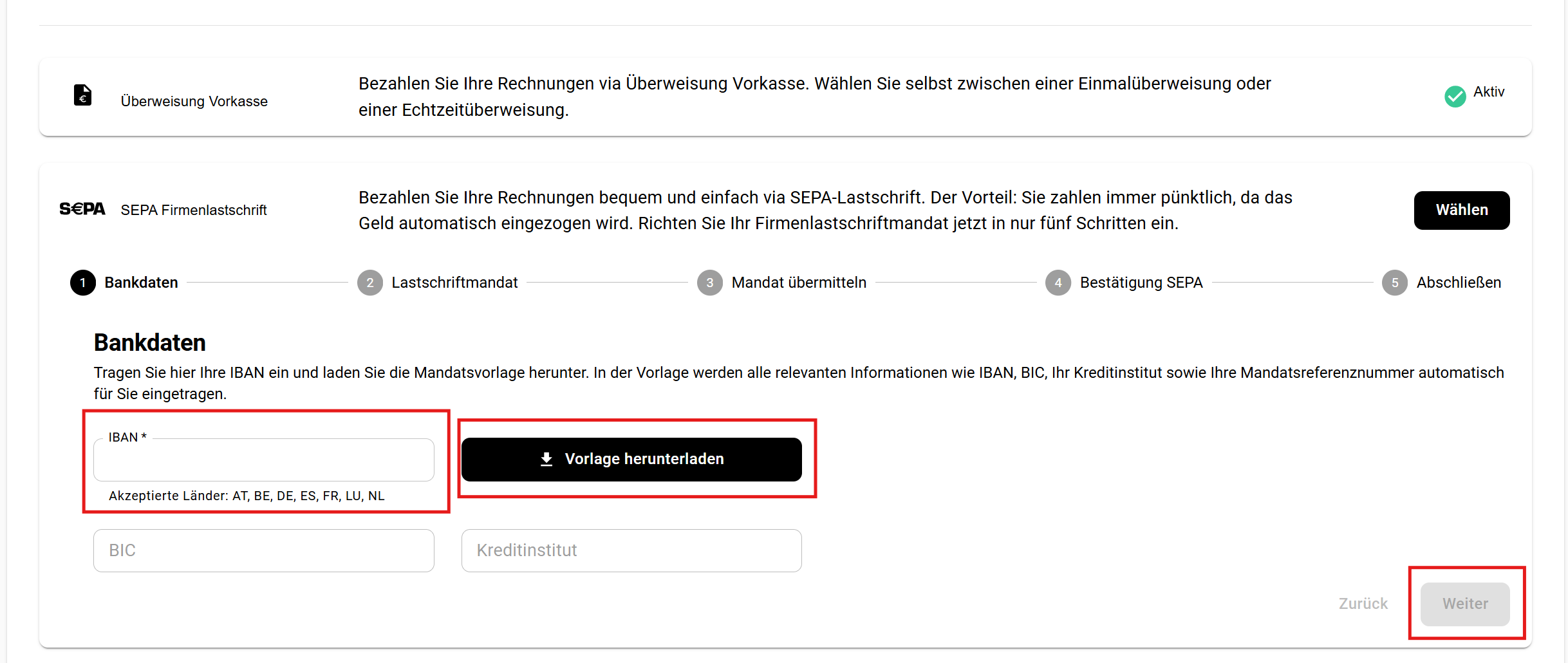 Screenshot Bankdaten