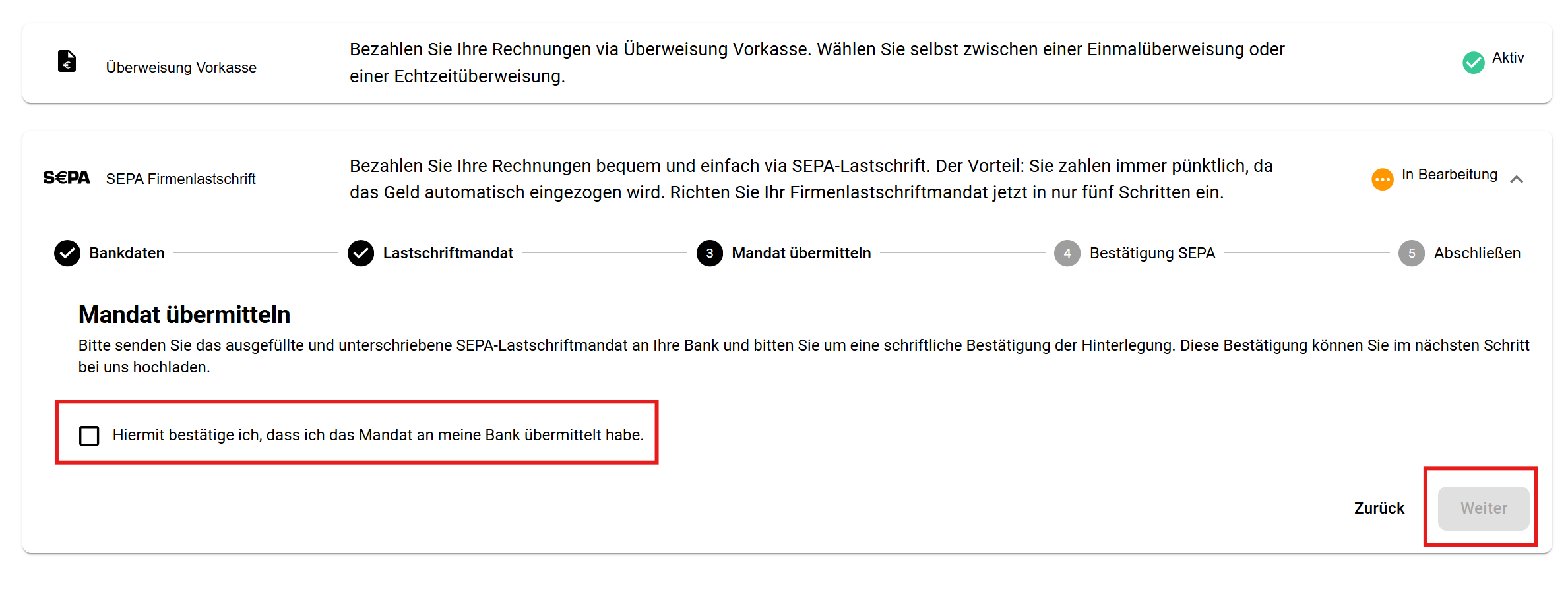 Screenshot Mandat übermitteln