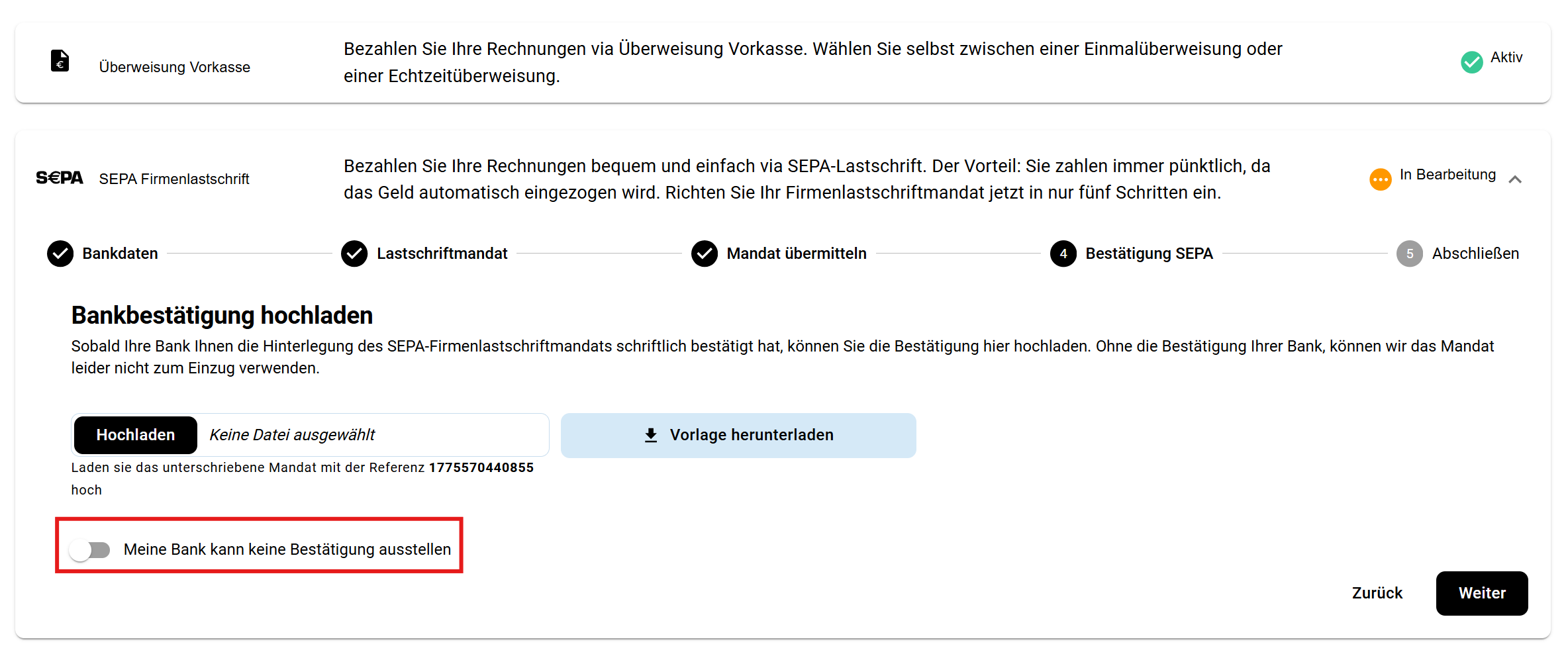 Screenshot Bestätigung Sepa-Mandat
