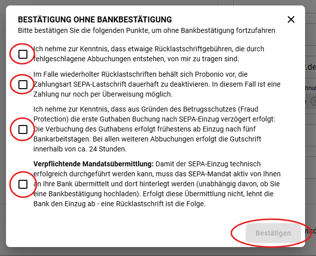 Screenshot Bestätigung ohne Bankbestätigung