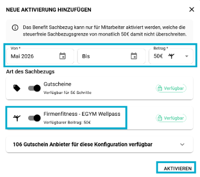Screenshot neue Aktivierung hinzufügen